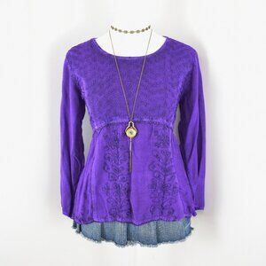 VTG 90s Y2K Purple Eyelet Floral Embroidery Long Sleeve Flowy Babydoll Top